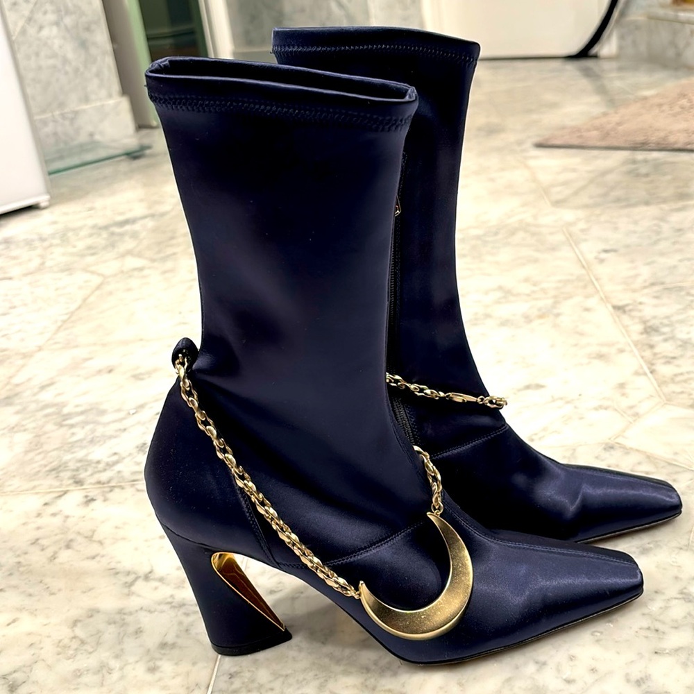 ZIMMERMANN Crescent Stretch Chain Trimmed Satin Bootie in Navy Satin